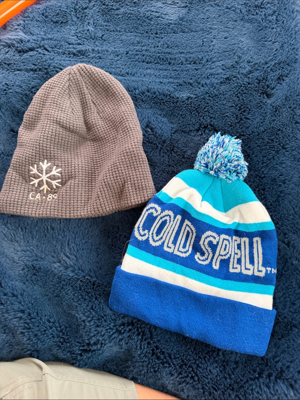 Cold Spell Blue Striped Pom Pom Beanie + Gray Waffle Knit Beanies
